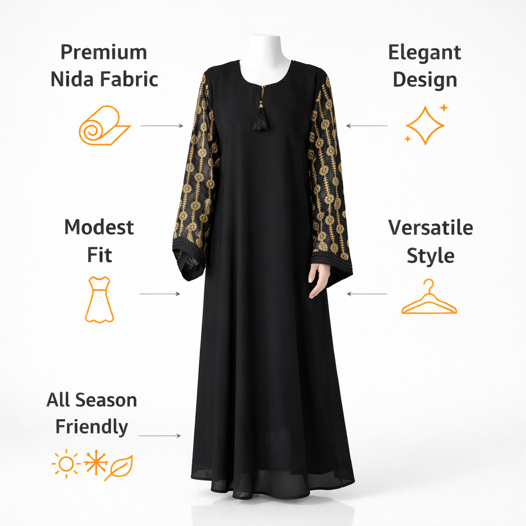 Black Embroidered Sleeve Abaya with Tassel - Image 2