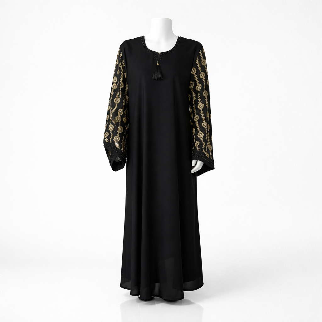 Black Embroidered Sleeve Abaya with Tassel - Image 4