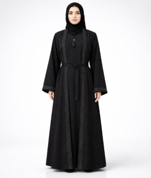 Elegant Black Belted Abaya with Inner & Tassel Detail