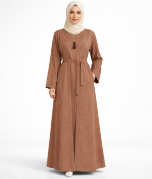Elegant Brown Embroidered Front & Tassel Neckline Abaya