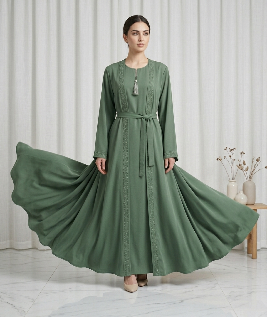Open Gown Style Sage Green Abaya - Image 2