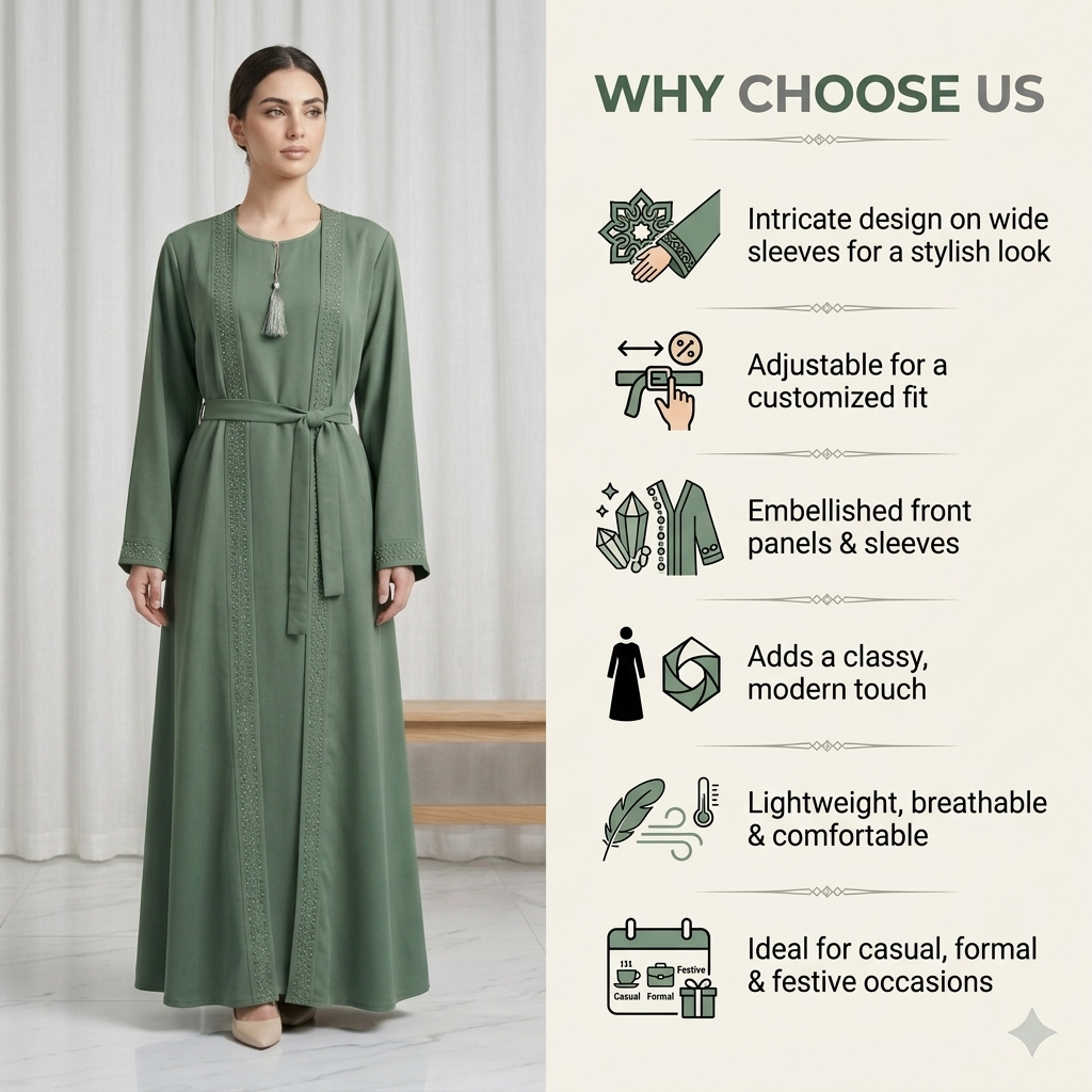Open Gown Style Sage Green Abaya - Image 3