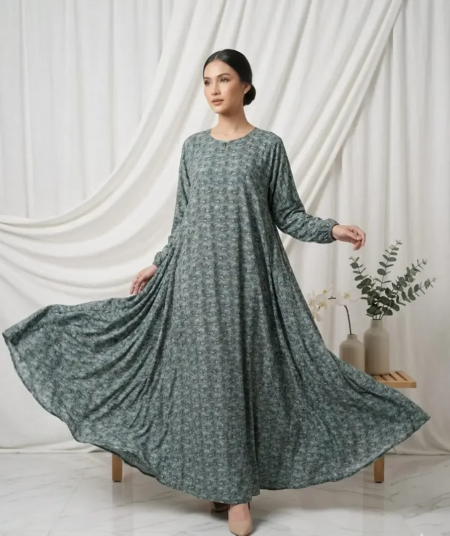 Premium Bottle Green Printed Abaya - S2