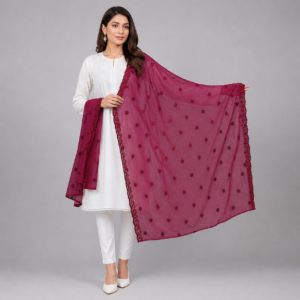Maroon Polka Dot Chikankari Lawn Shawl