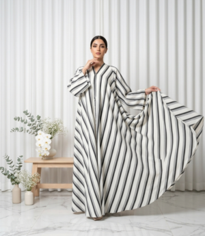 Black & White Striped Georgette Abaya - S5