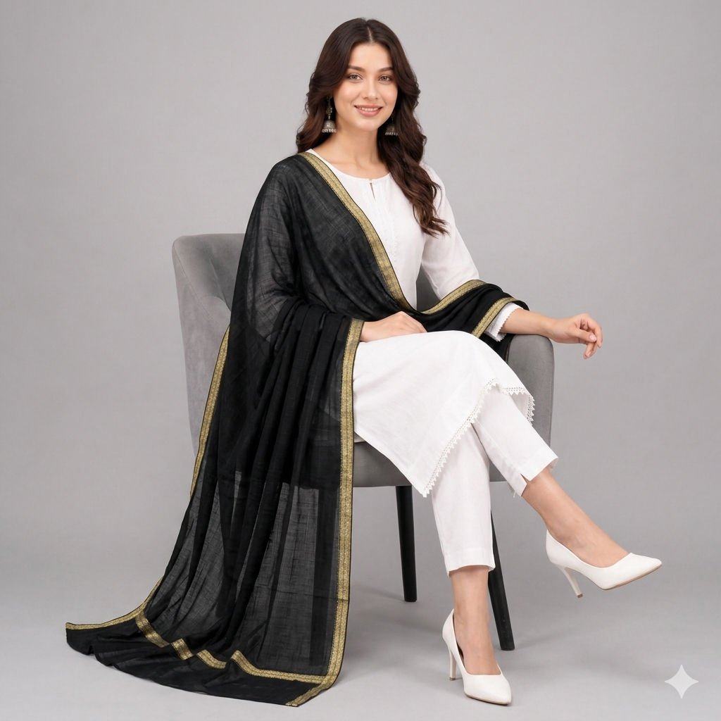 Black Lawn Shawl with Gold Border