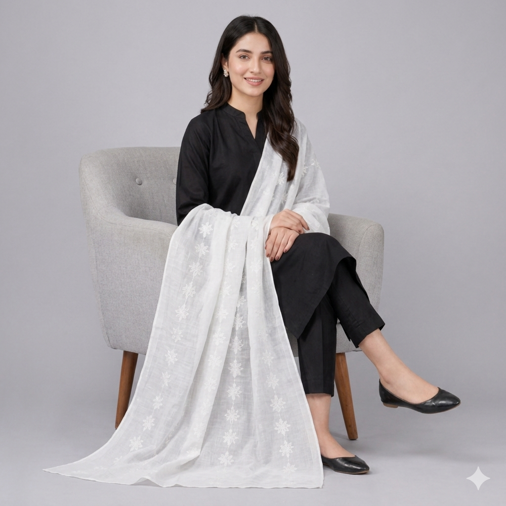 Pure White Chikankari Lawn Shawl