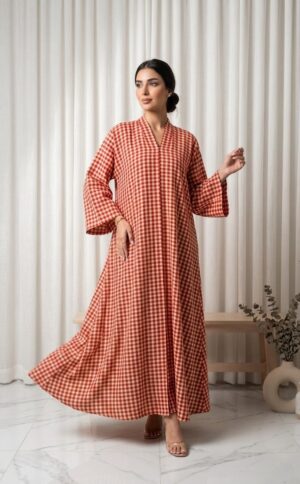 Rust Red Checkered Maxi Printed Abaya S3