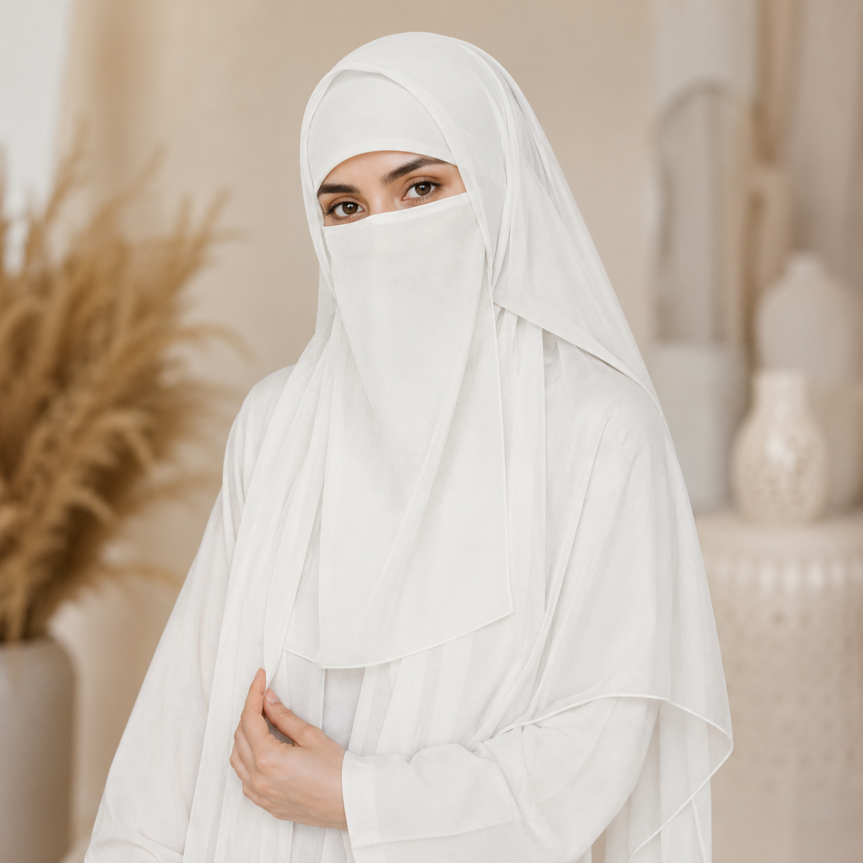 Off White Chiffon Niqab Set with Matching Stole